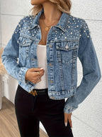 Dam jeansjacka med pärldekoration, ljusblå denim