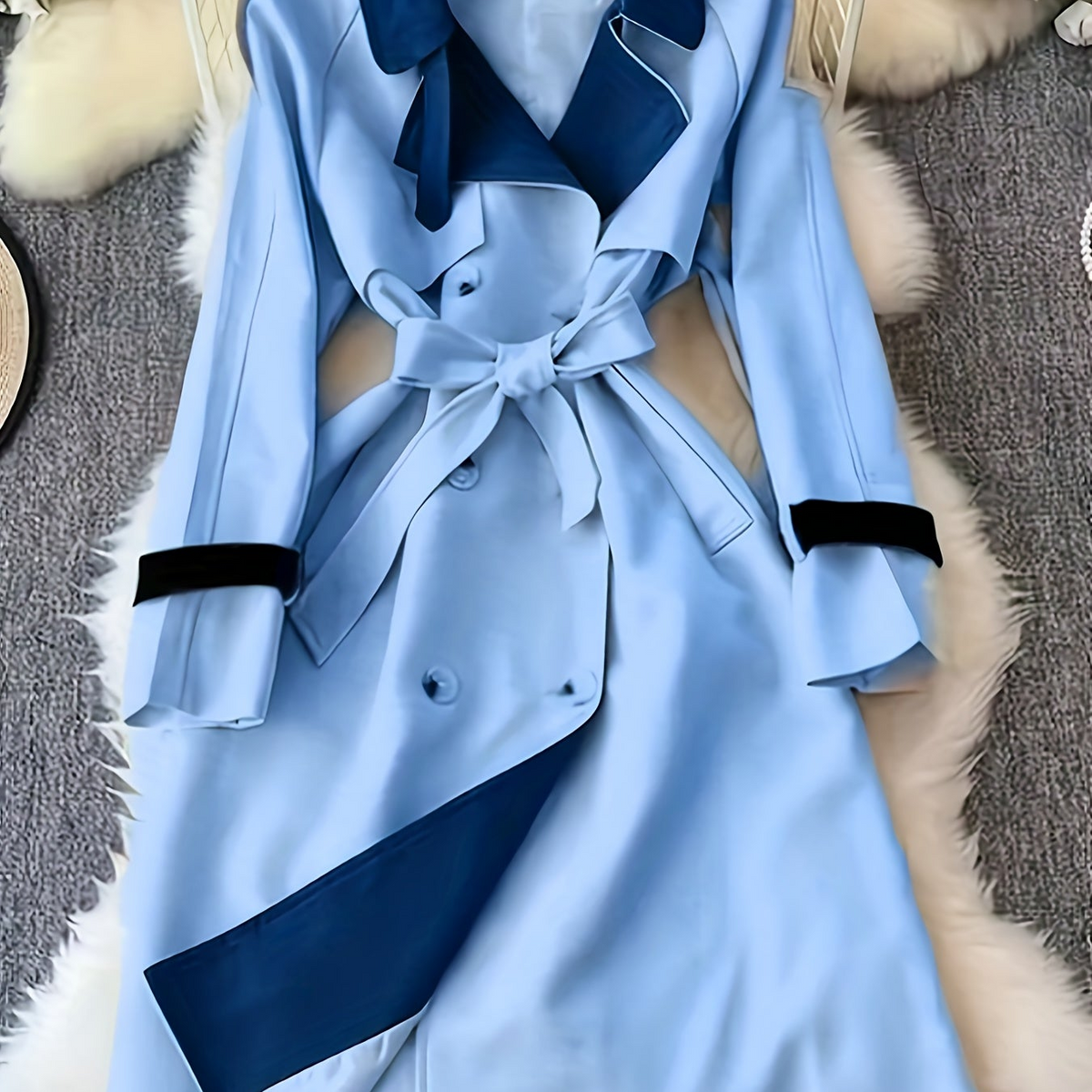 Dam Trenchcoat med Skärp, Kontrastfärgad Krage och Dubbel Knäppning