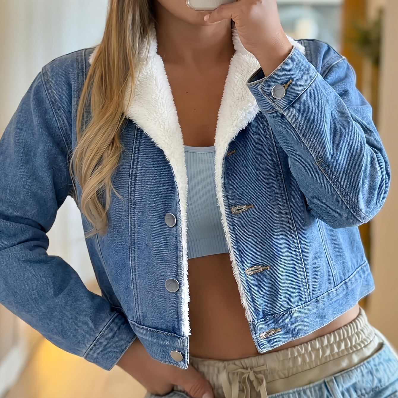 Blå jeansjacka med teddyfoder, kort modell för dam