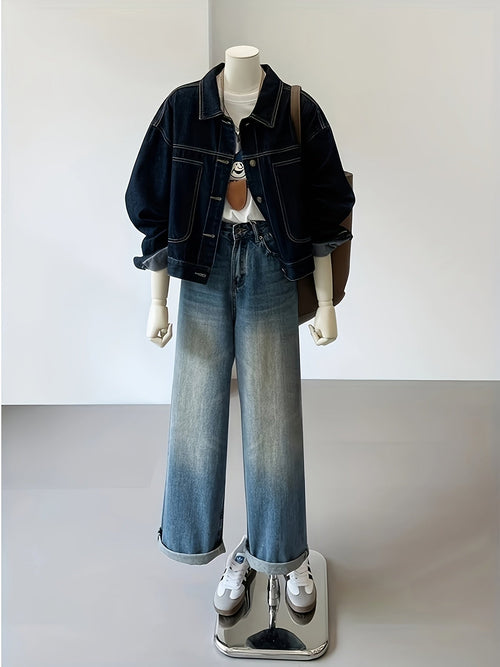 Dam jeansjacka, mörkblå med traditionell krage och fickor