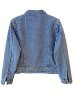 Jeansjacka med mandarinkrage och broderade fjärilar för dam