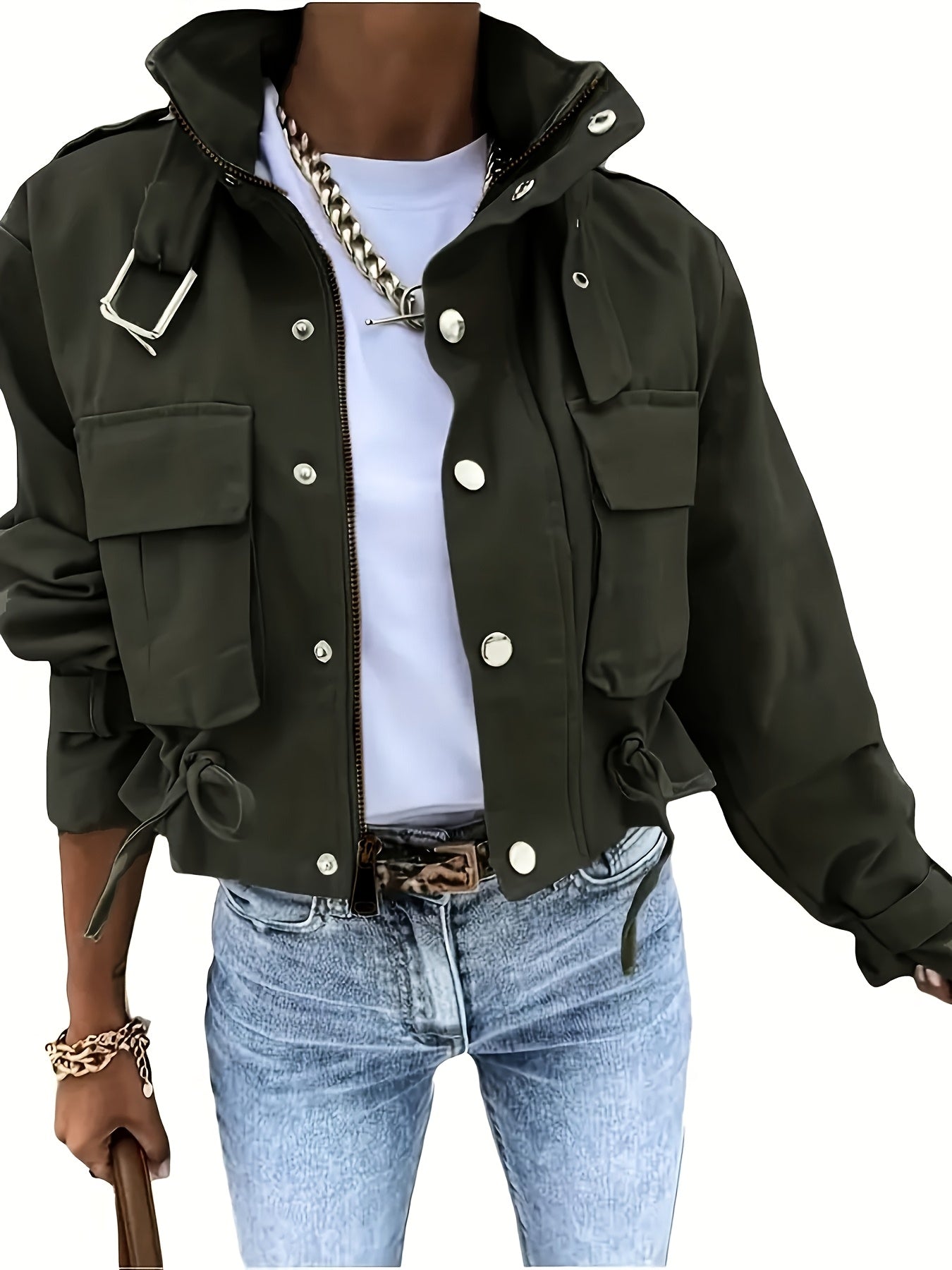 Dam kort jacka med krage och fickor, reglerbar midja, militärstil