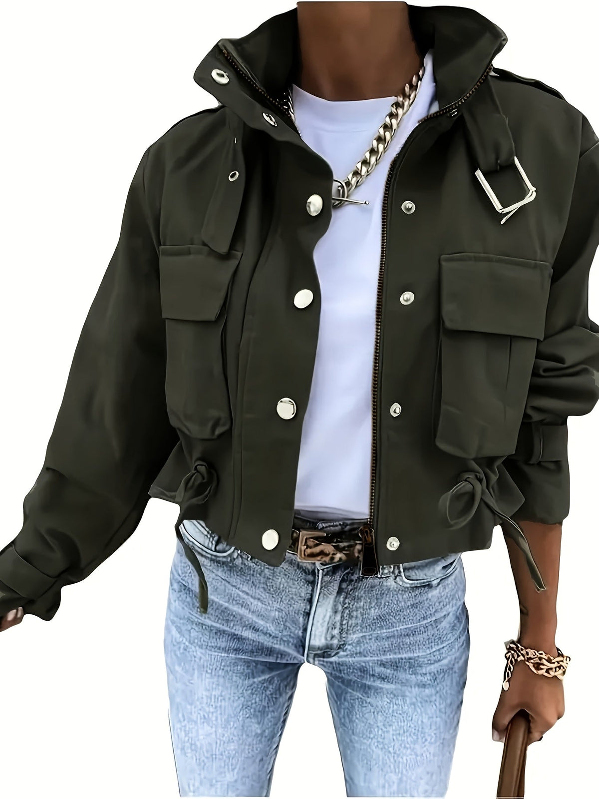 Dam kort jacka med krage och fickor, reglerbar midja, militärstil