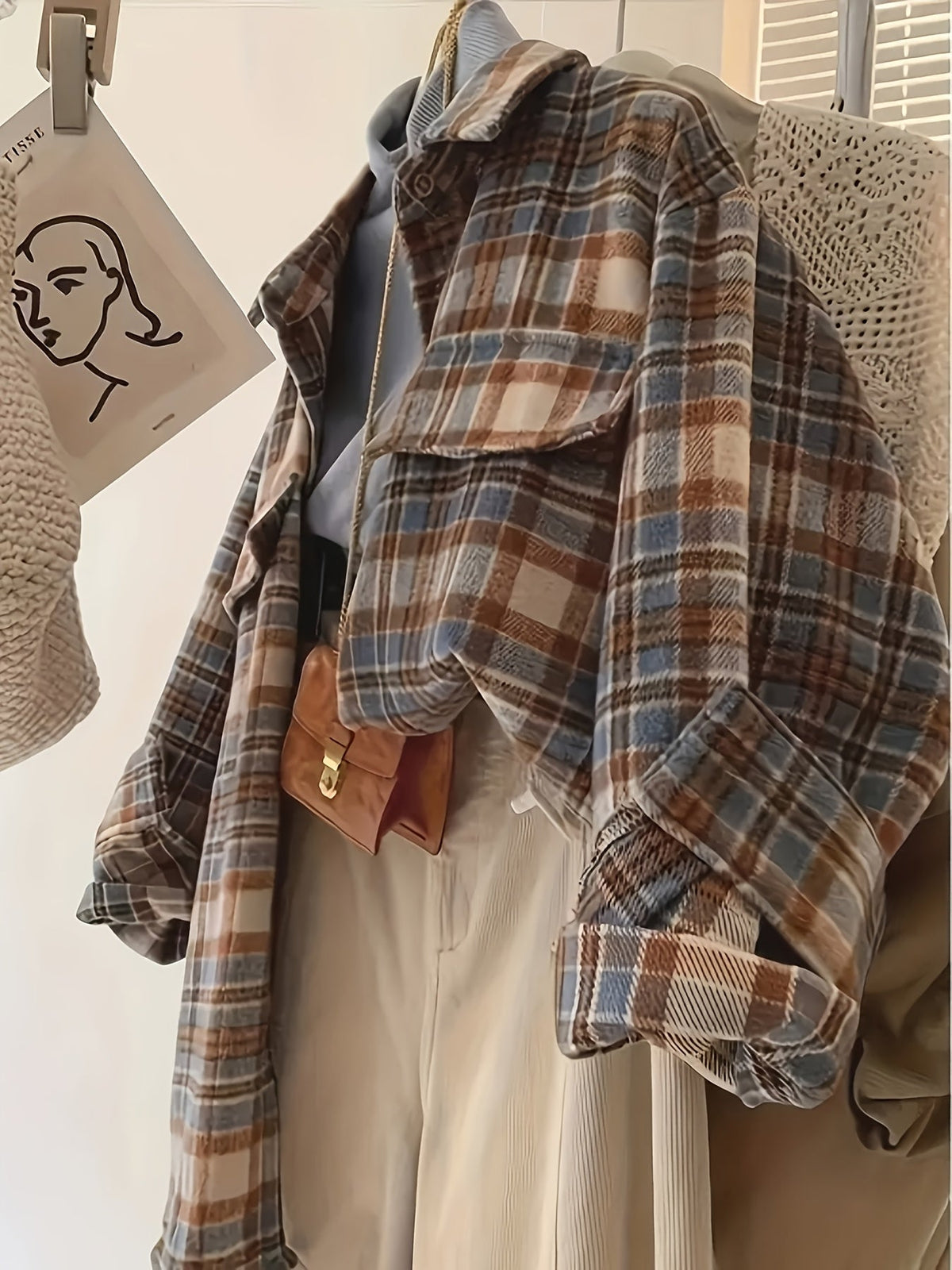 Rutig Overshirt i Mjukt Tyg med Bröstfickor, Flerfärgad