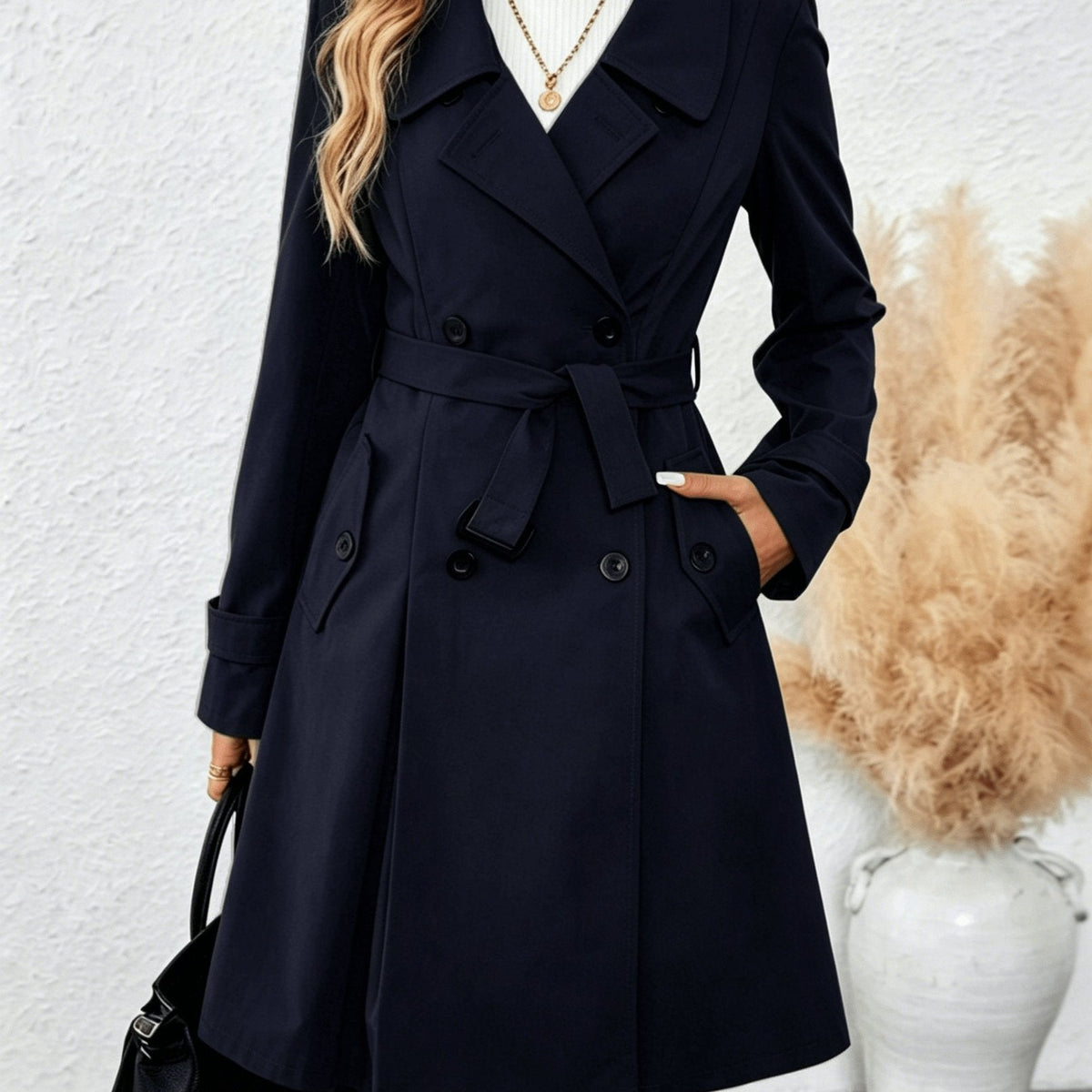 Dam Trenchcoat med Skärp, Dubbelknäppt och Fickor, Flerfärgad