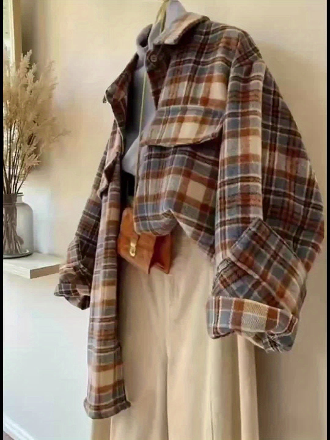 Rutig Overshirt i Mjukt Tyg med Bröstfickor, Flerfärgad