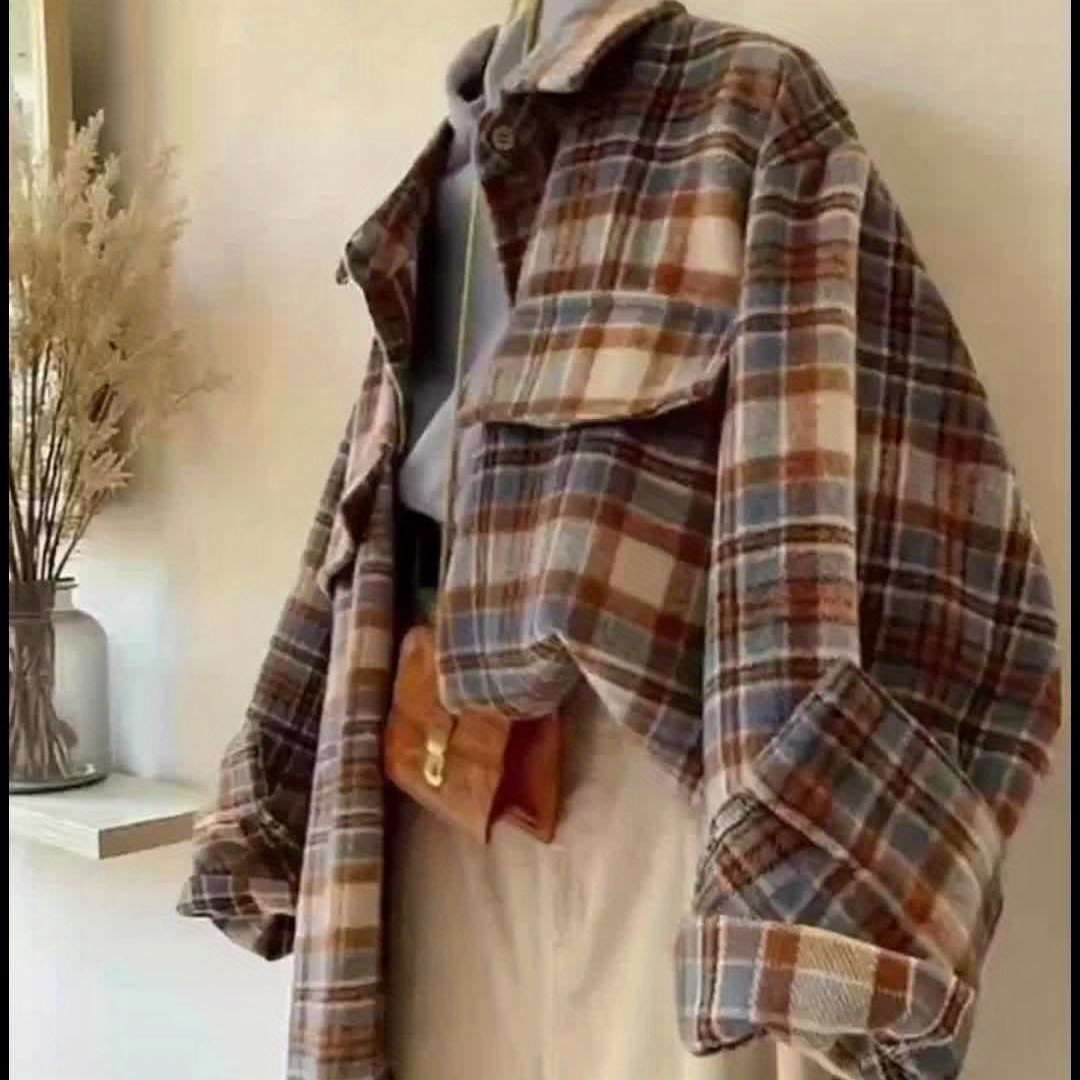 Rutig Overshirt i Mjukt Tyg med Bröstfickor, Flerfärgad